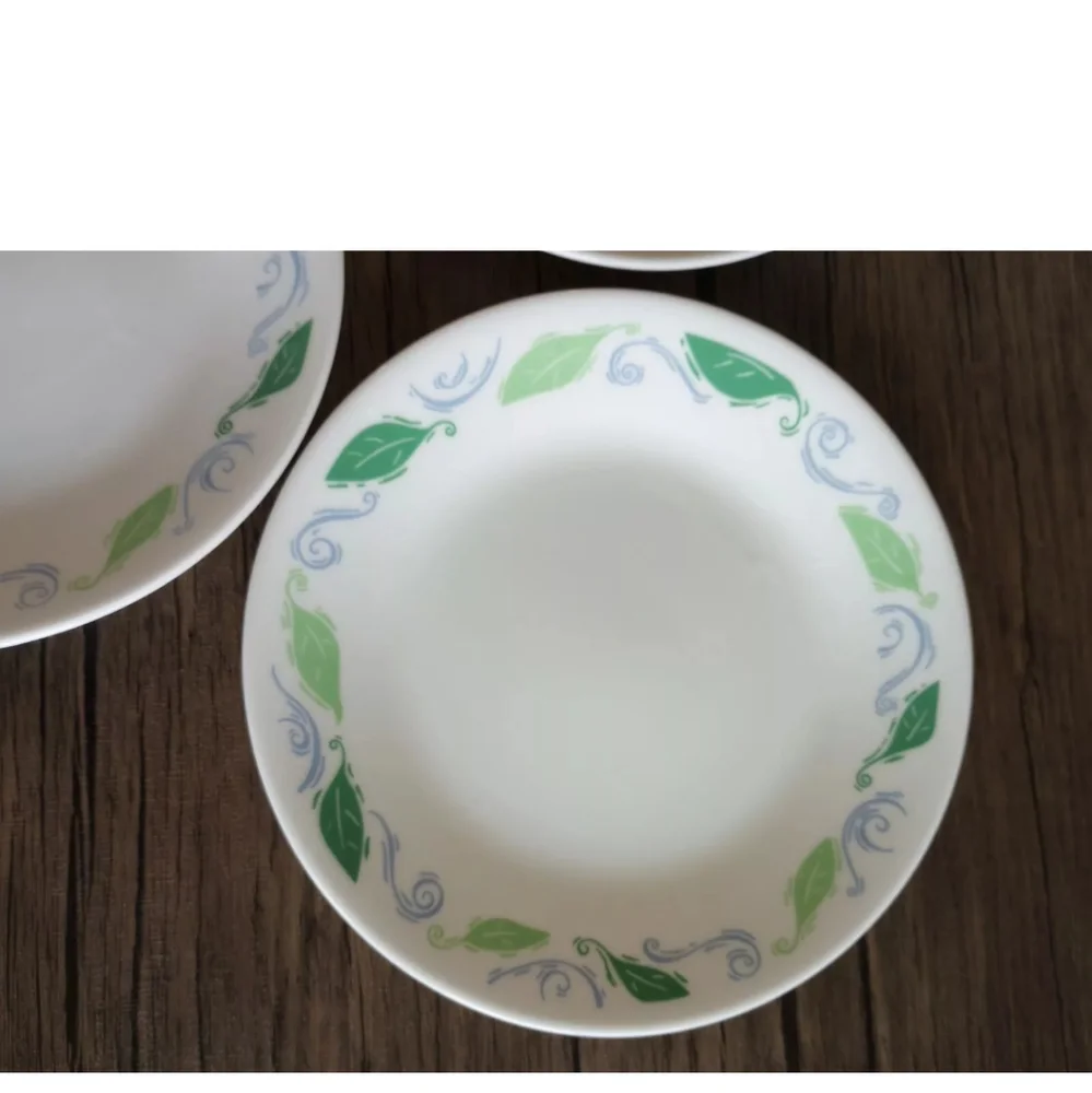 Corelle Spearmint Bread Plates White Green Leaves Blue Scrolls 6.75